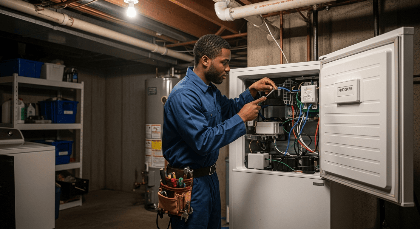 SureFit technician repairing a Frigidaire appliance