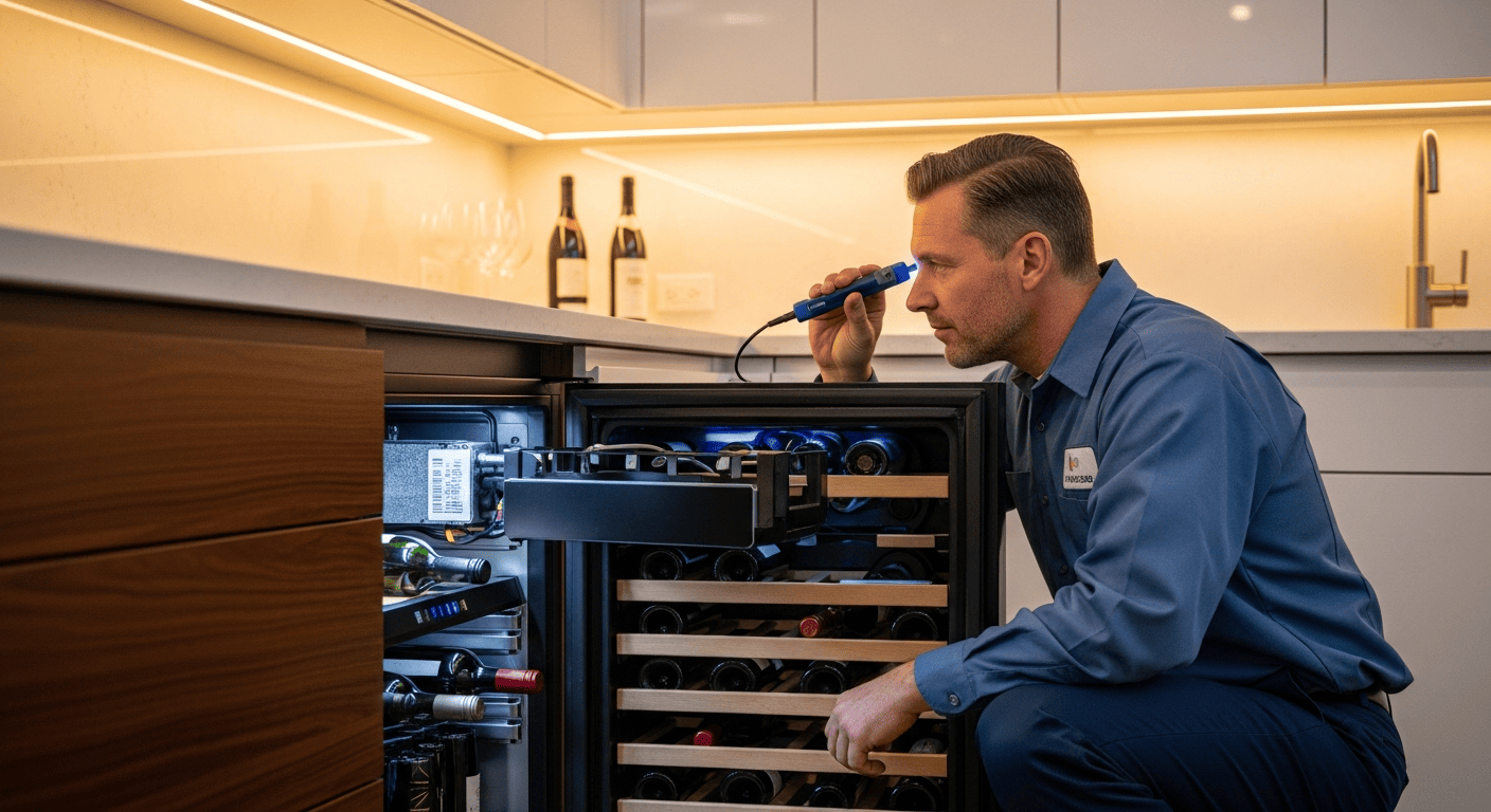 SureFit technician inspecting an under-counter wine cooler with a diagnostic light