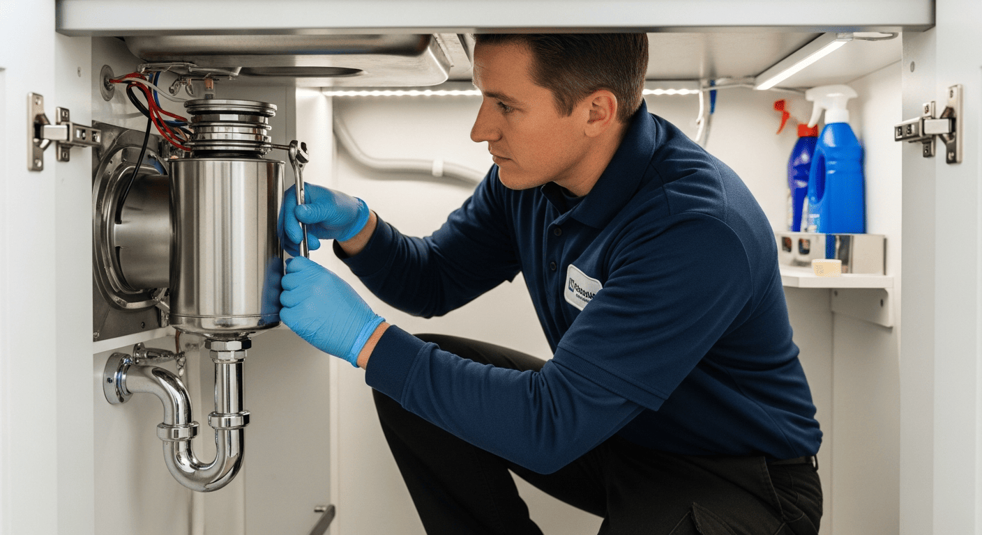 SureFit technician repairing a garbage disposal under a kitchen sink