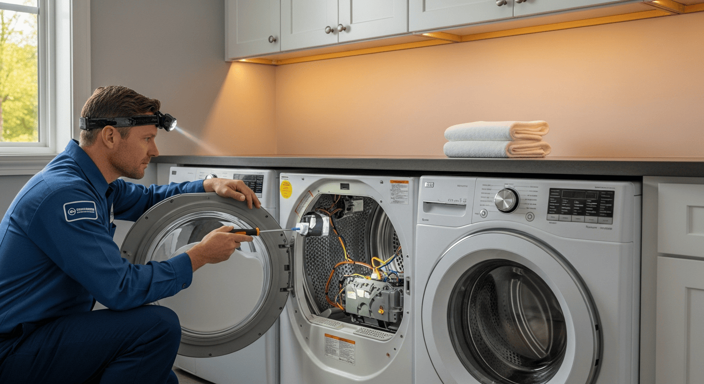 SureFit technician repairing a dryer in Bradford, ON