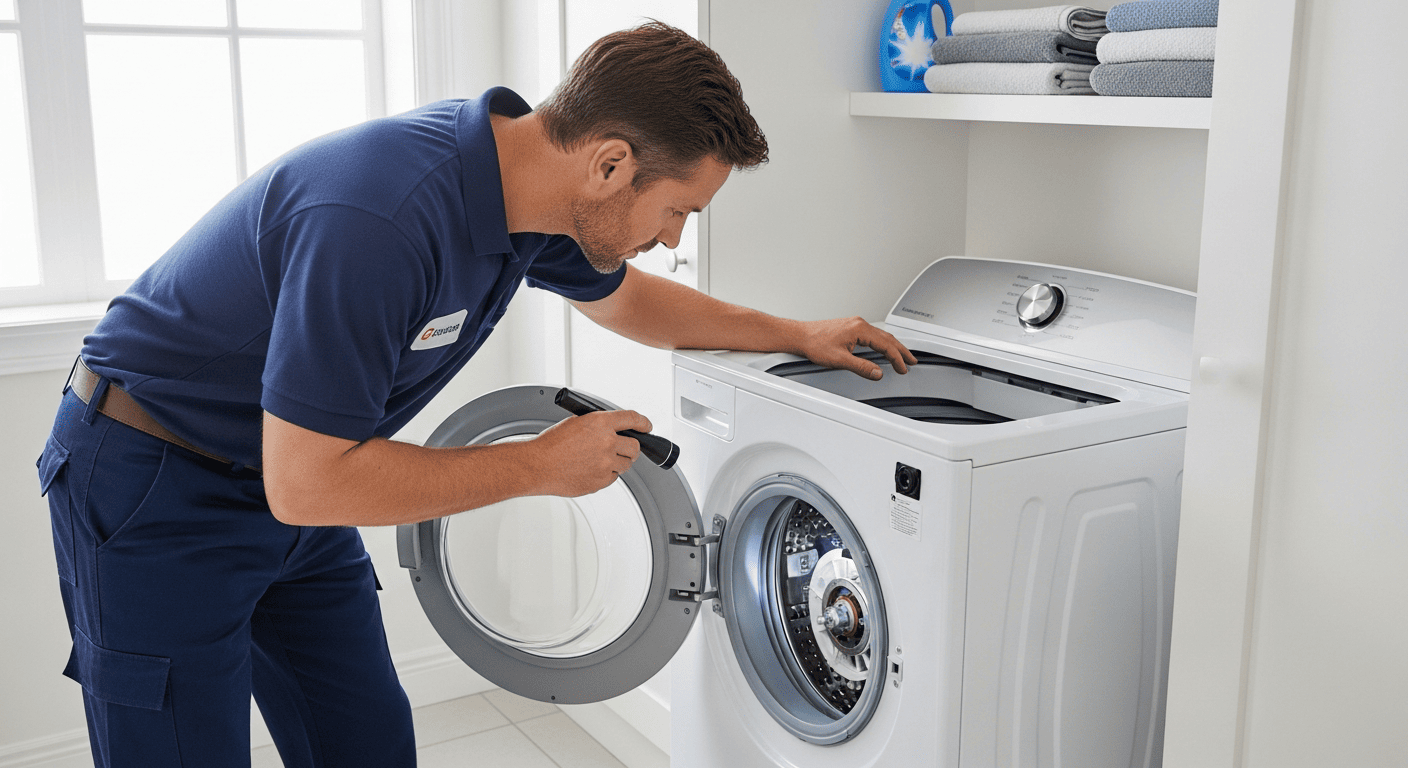 SureFit technician servicing a washing machine in Innisfil, ON