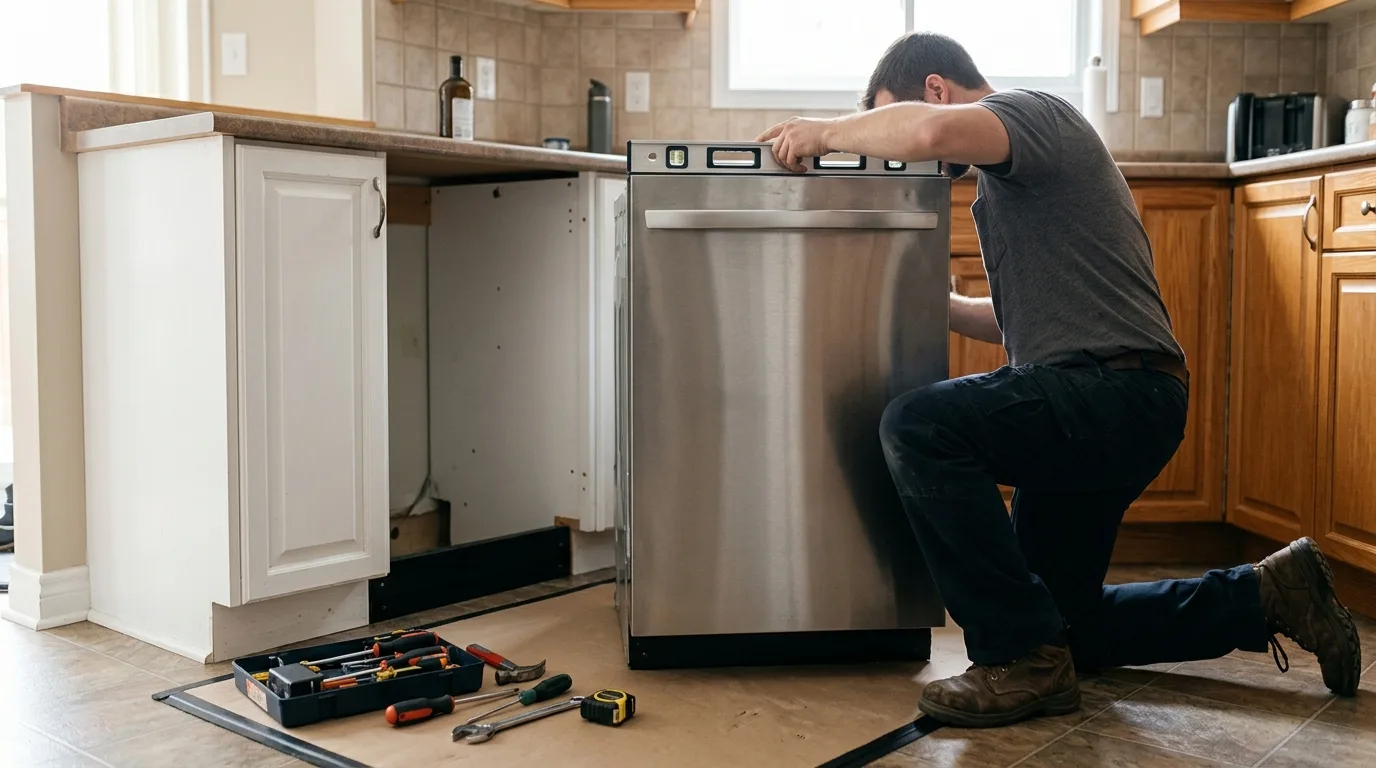Dishwasher positioned for installation beneath a residential kitchen counter