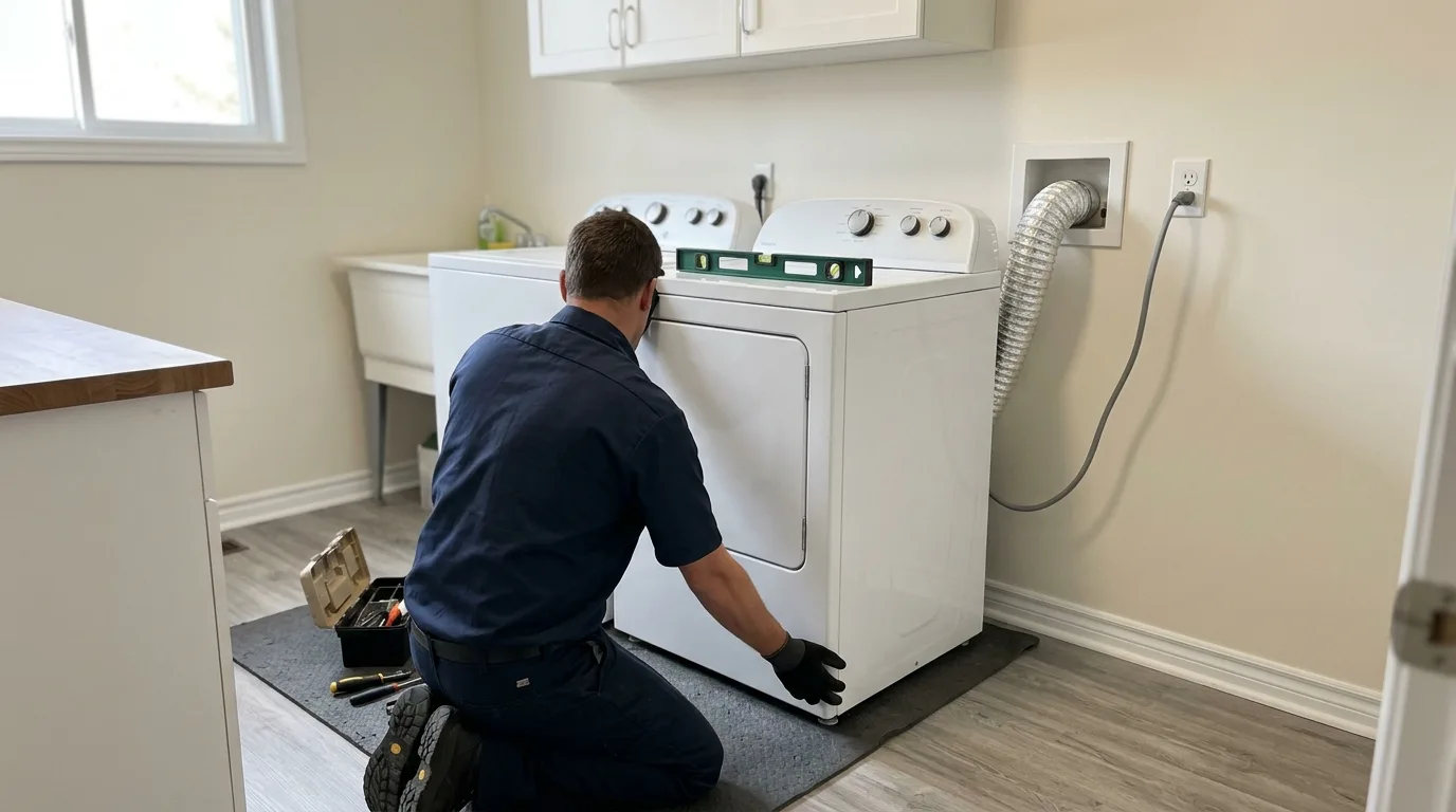 Electric dryer prepared for installation beside a washer in a home laundry room