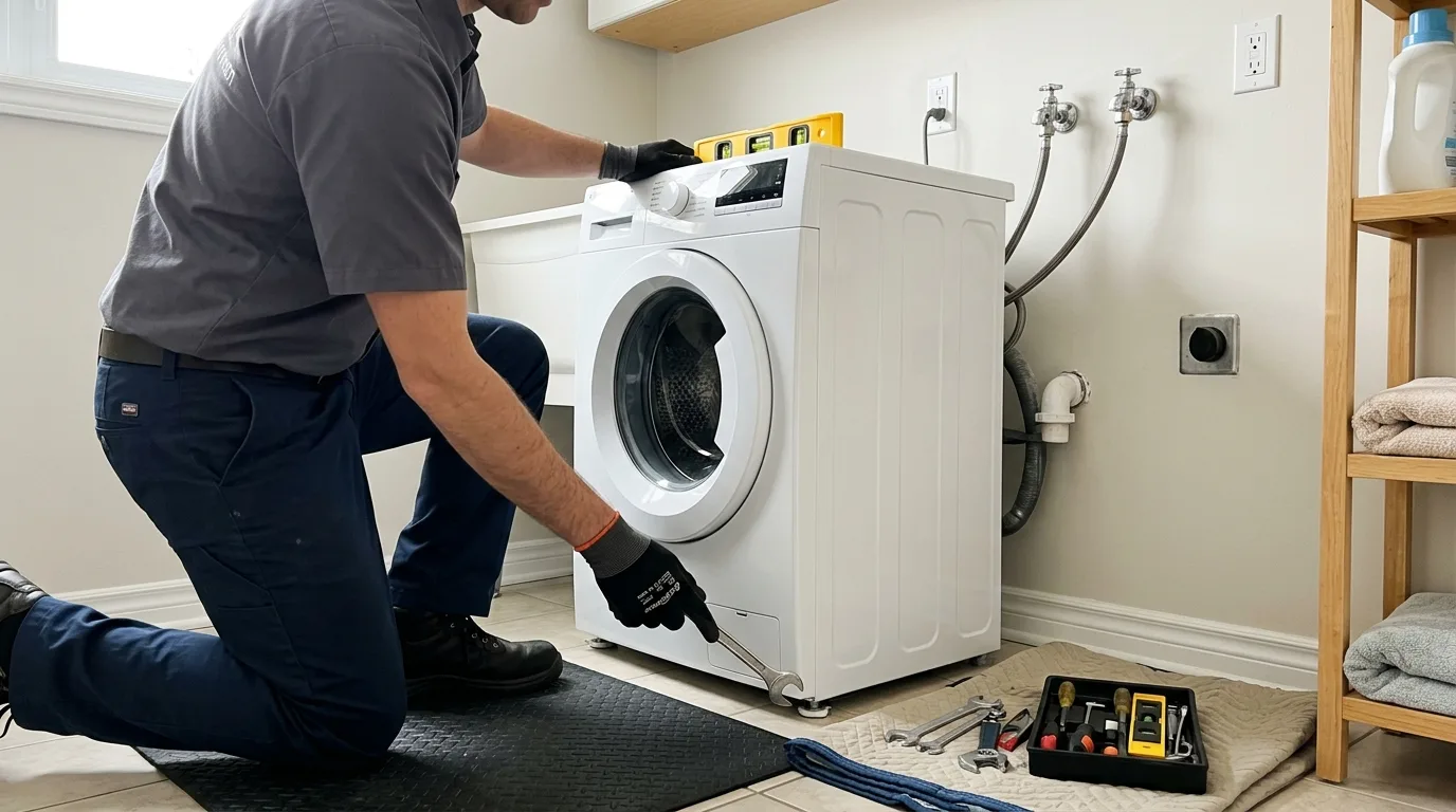 Front-load washer prepared for installation in a home laundry room